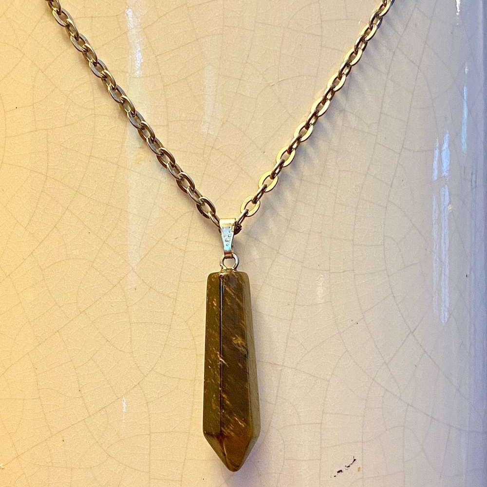 Necklace ~ Pendant ~ Dark Brown ~ Stone Hexagon Shape ~ Long Silver Chain